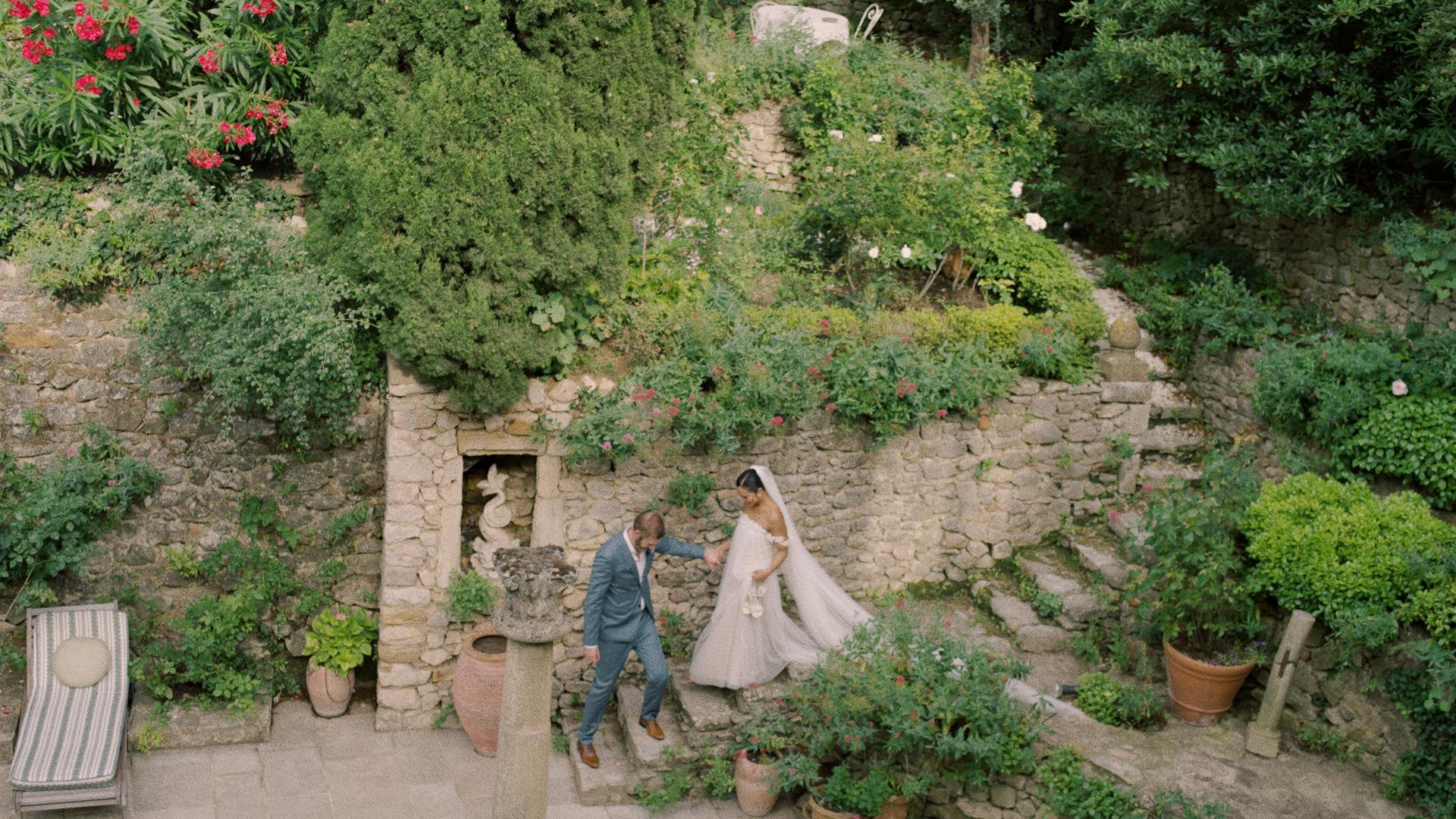 Bride and Groom in a garden Chateau in France
